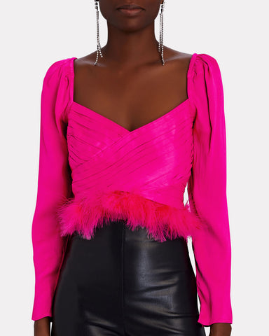 Jovie Faux Feather-Trimmed Satin Top